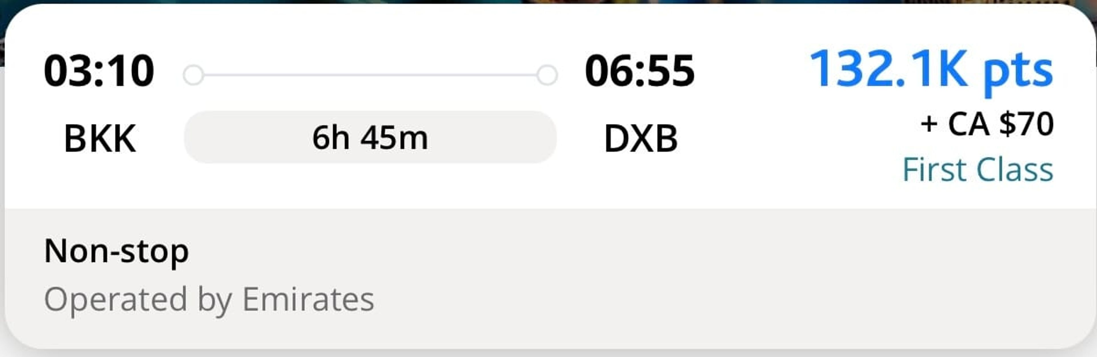 A screenshot from Aeroplan's website showing an Emirates first-class flight priced at 138,000 points
