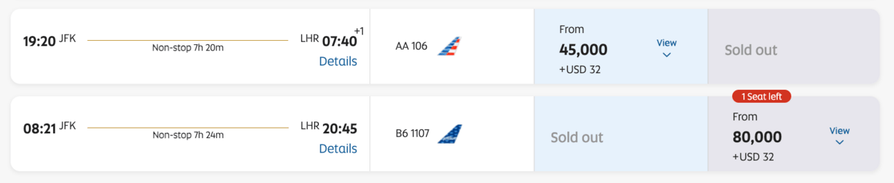 New York to London in business class on American Airlines or JetBlue for 80,000 Etihad miles