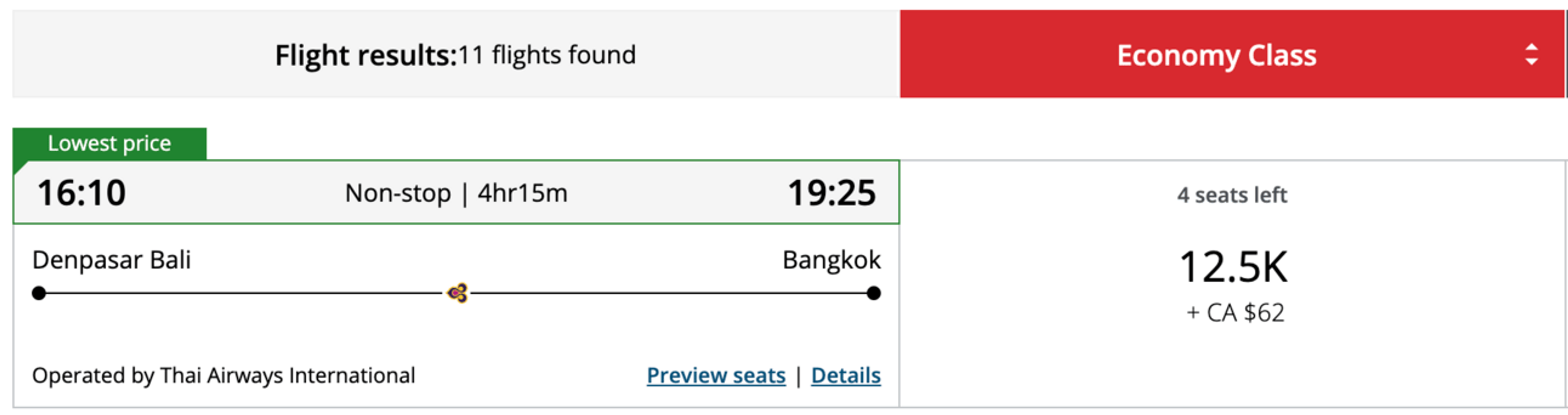 Sample Aeroplan booking from DPS-BKK