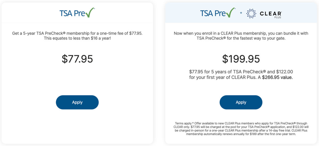Bundle package for TSA PreCheck and CLEAR