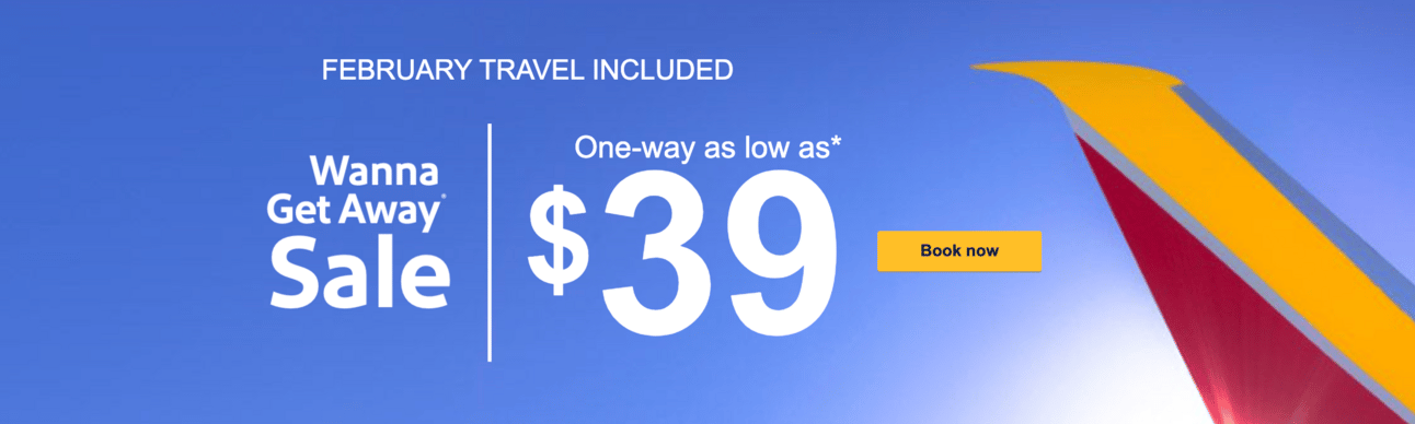 A screenshot from Southwest's website showcasing their new $39 sale