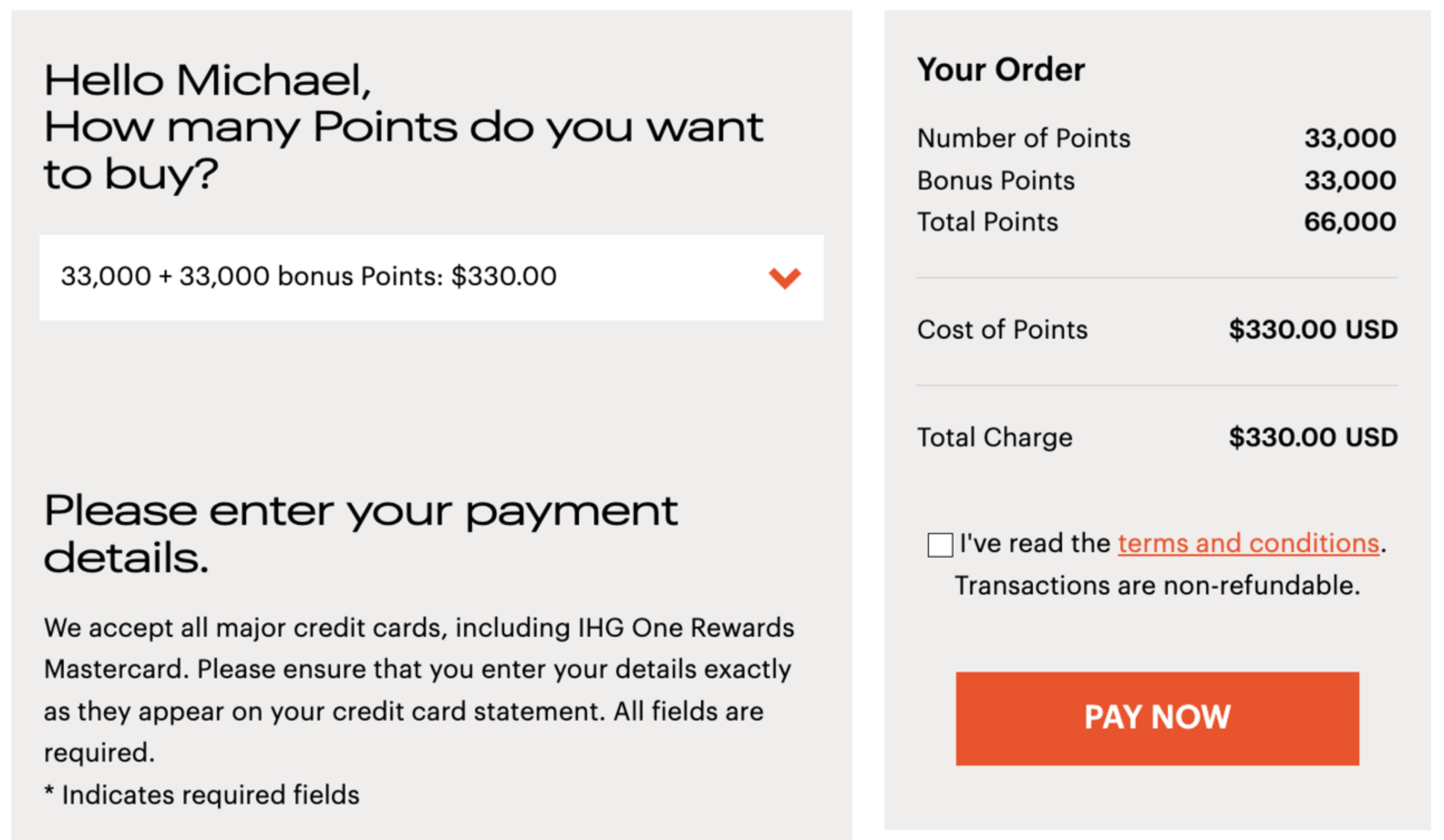 An example of a purchase of 66,000 IHG points for $330
