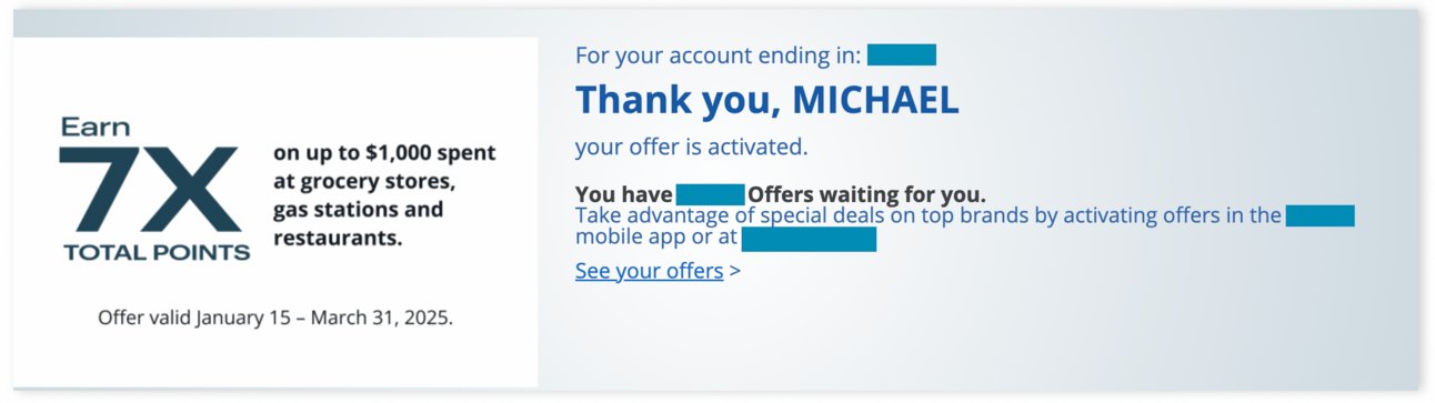 Example of one of my offers for 7x total points on certain categories