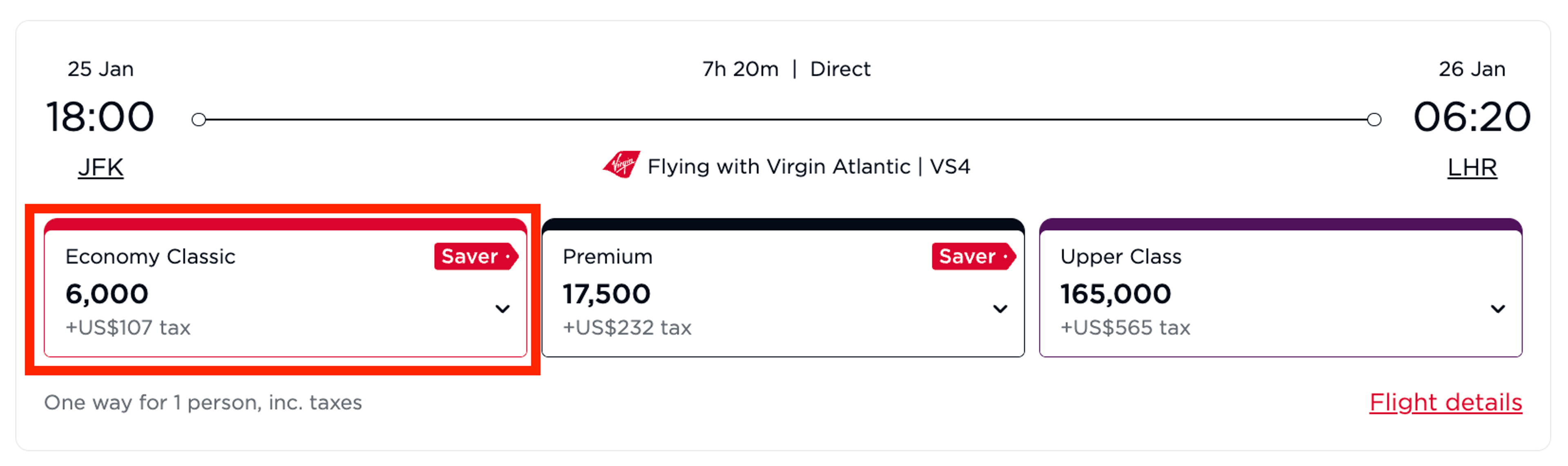 Virgin Atlantic award rates