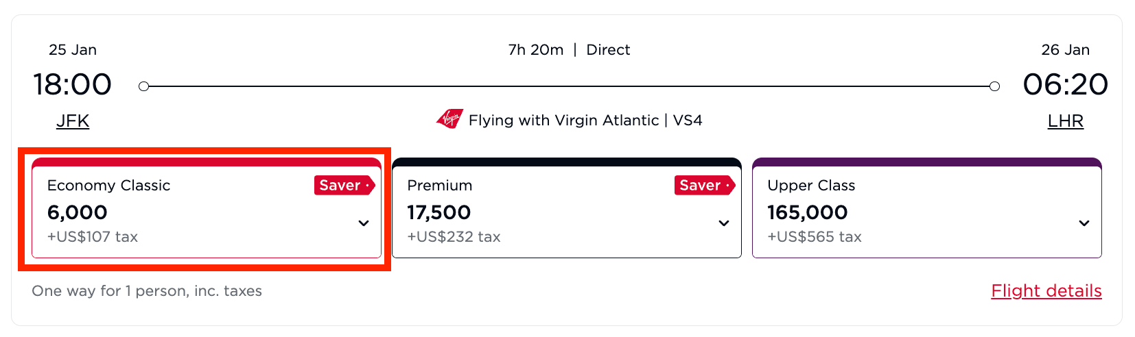 Virgin Atlantic award rates