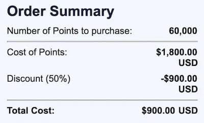 A screenshot from the purchase page showing a 50% discount n southwest points