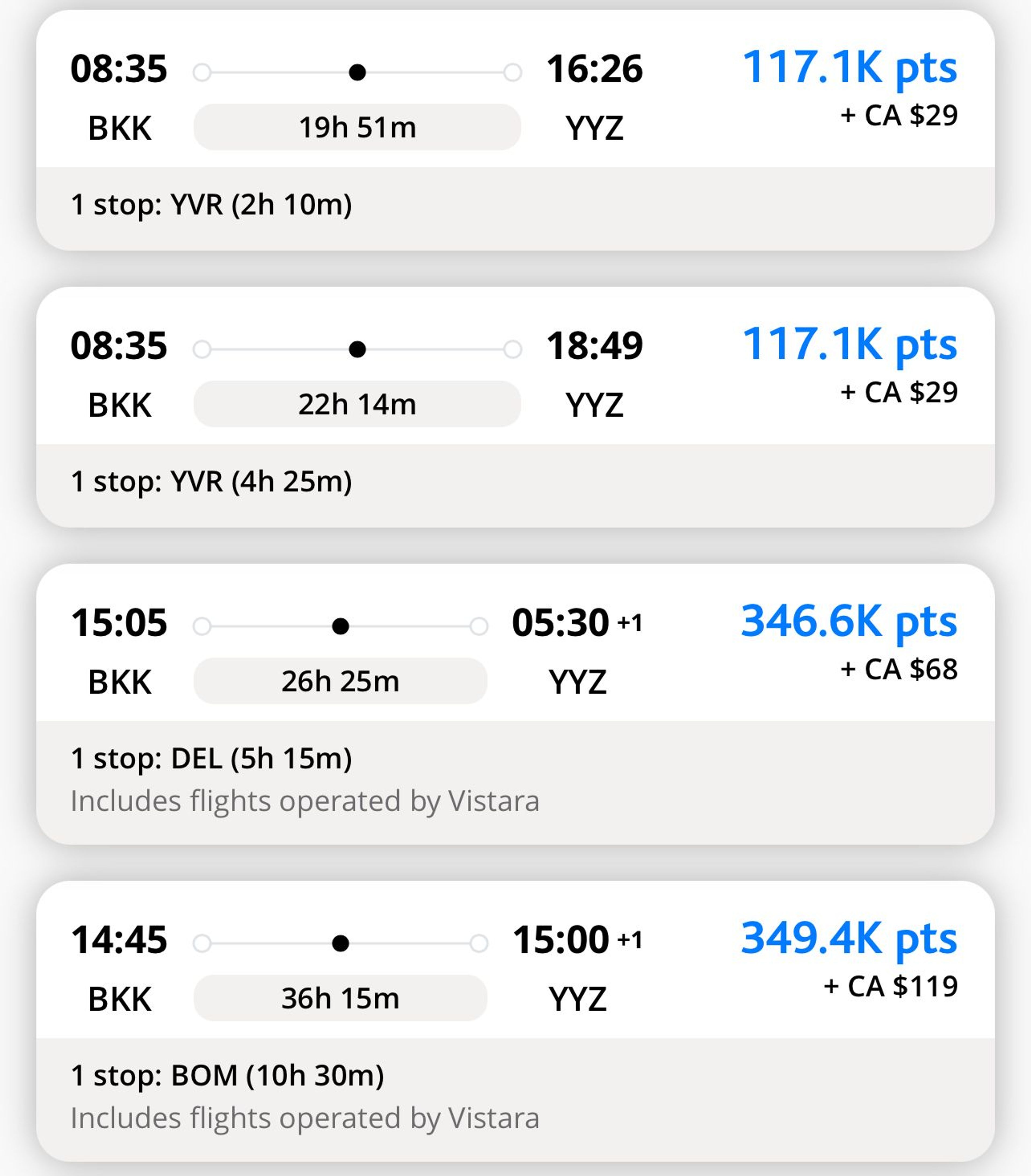 A screenshot from Aeroplan showing exorbtantly high award pricing