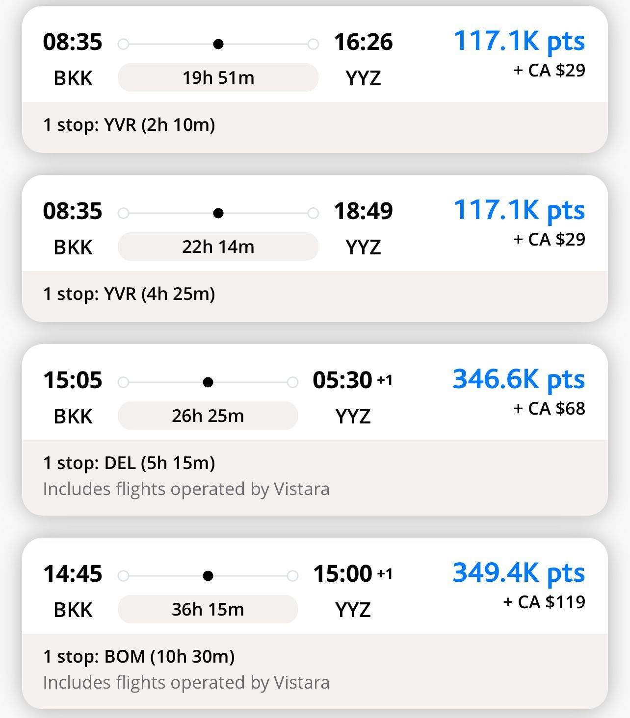 A screenshot from Aeroplan showing exorbtantly high award pricing