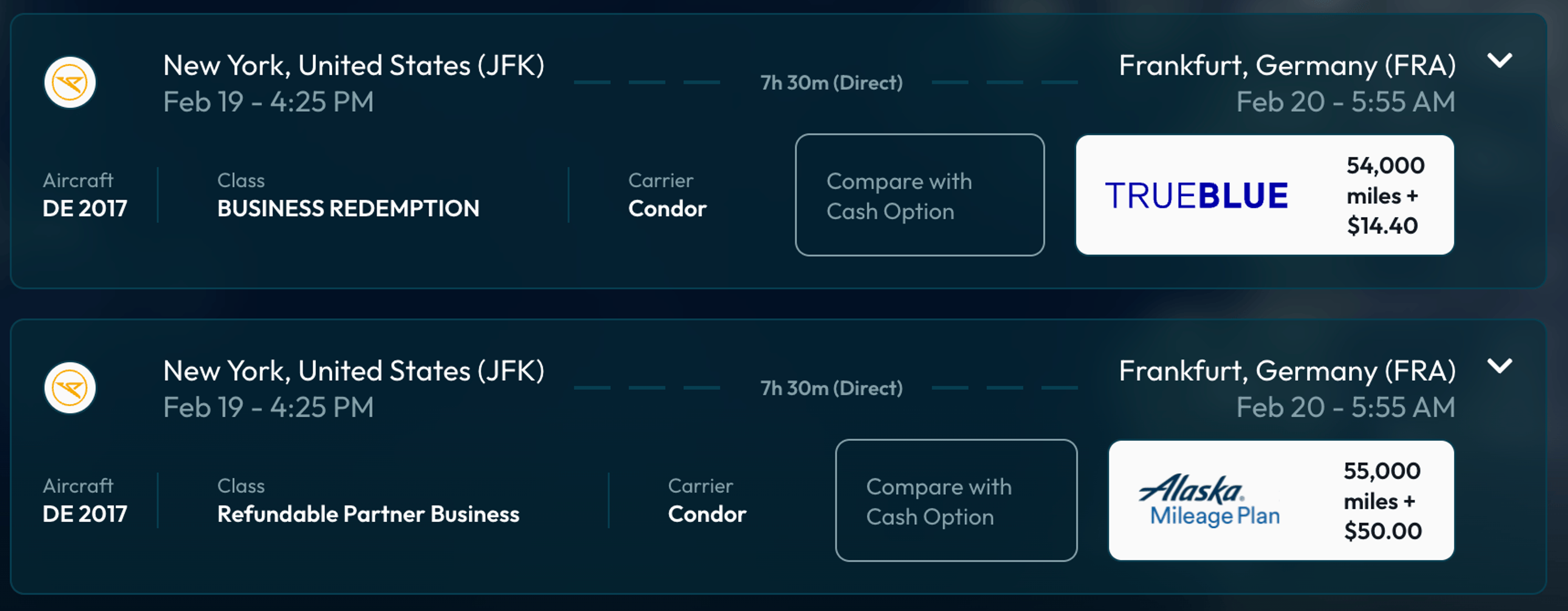 New York to Frnkfurt in business class on Condor for 54,000 miles