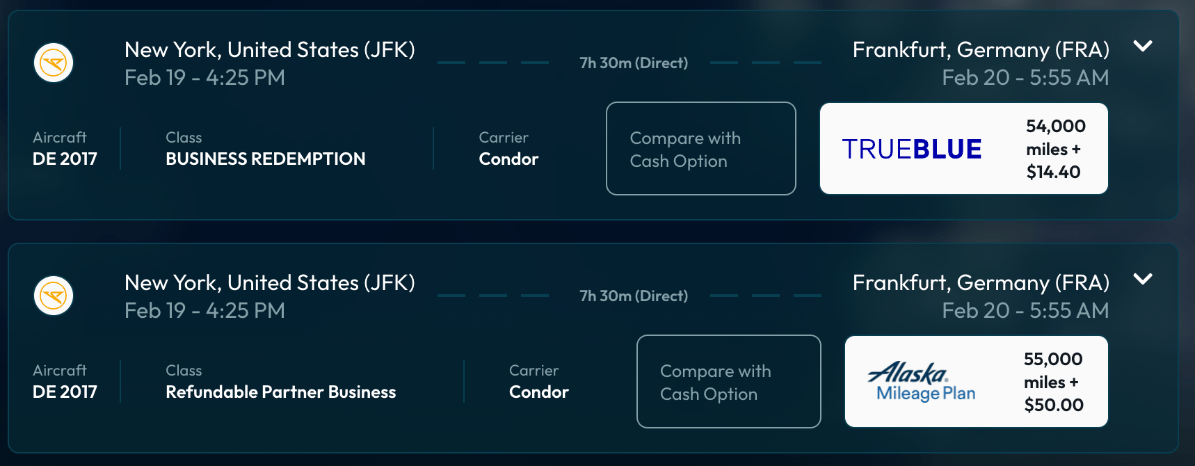 New York to Frnkfurt in business class on Condor for 54,000 miles