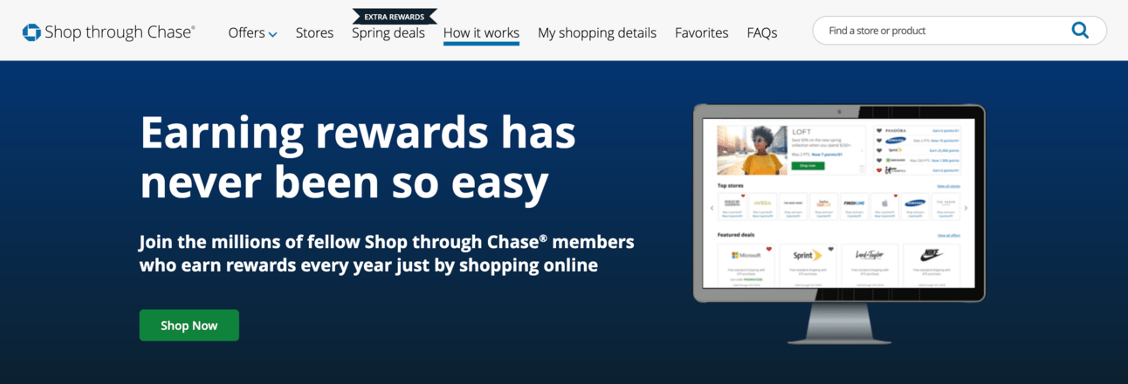 Screenshot showing the homepage of Chase's shopping portal