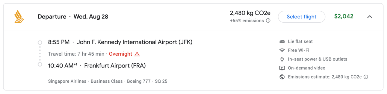 An example of booking the same flight with cash