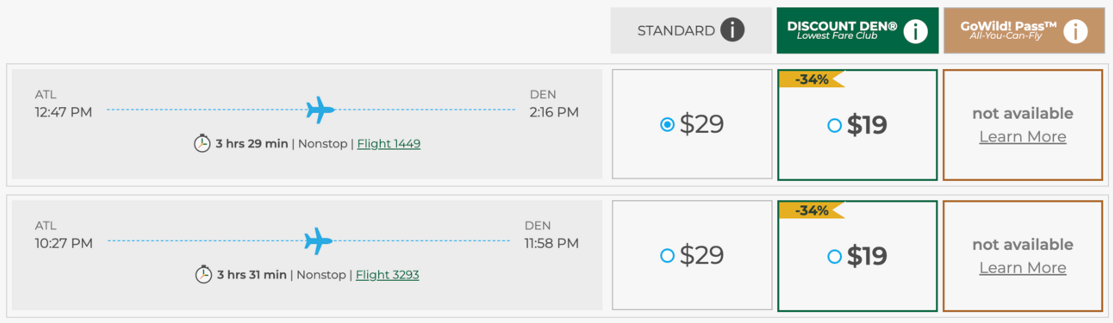 An example of a Frontier flight from ATL to DEN for $29
