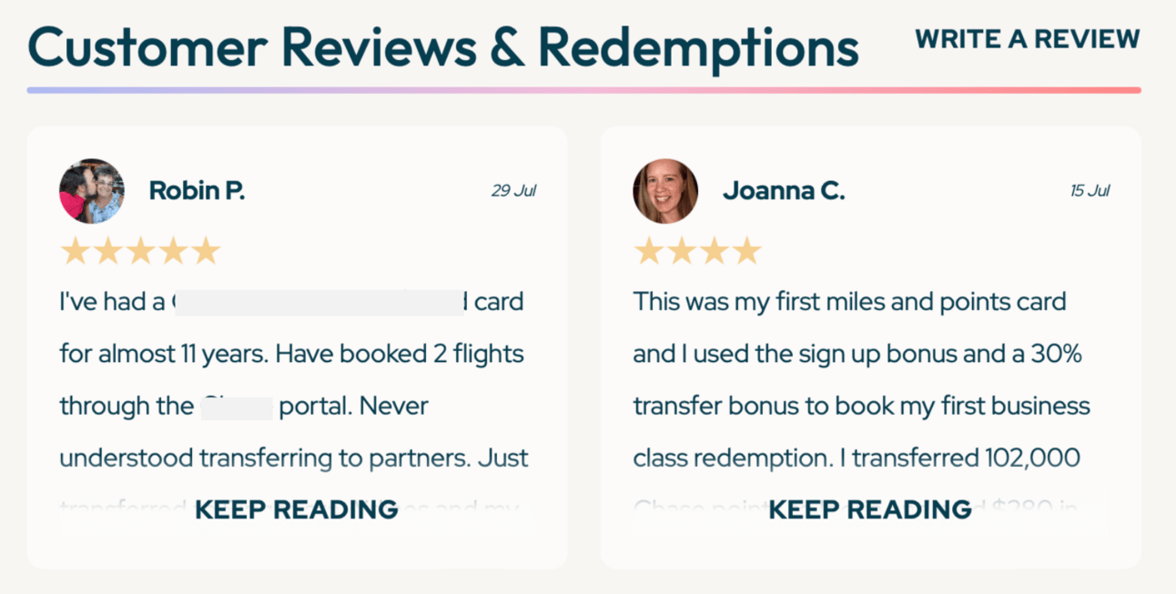 Screenshot of two customer reviews for our most popular card