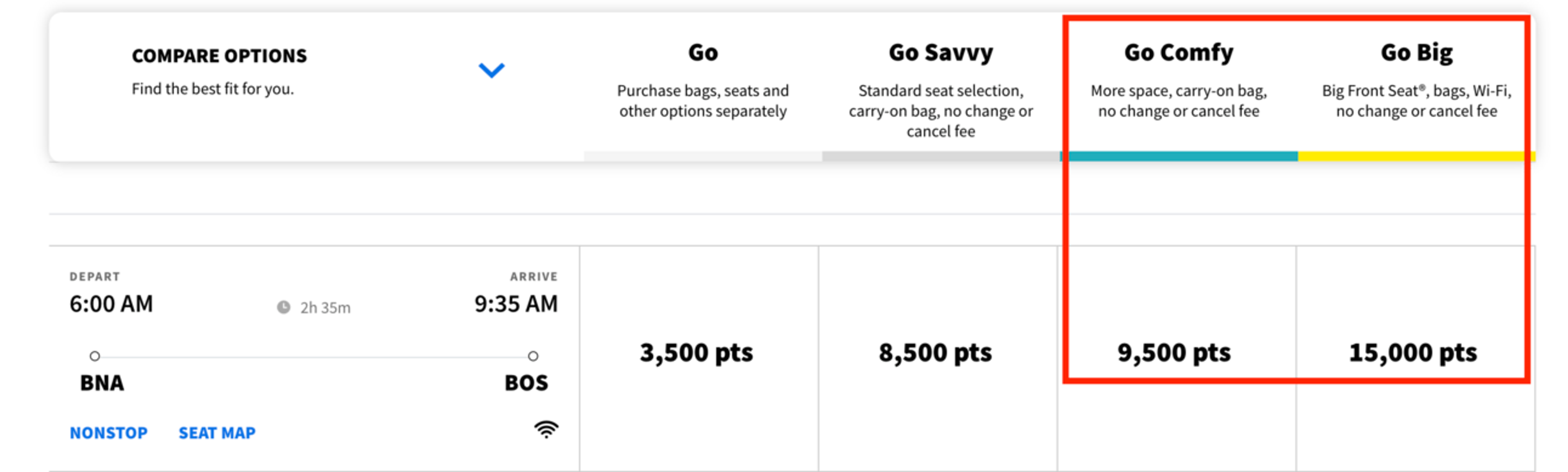 Example fares from BNA to BOS