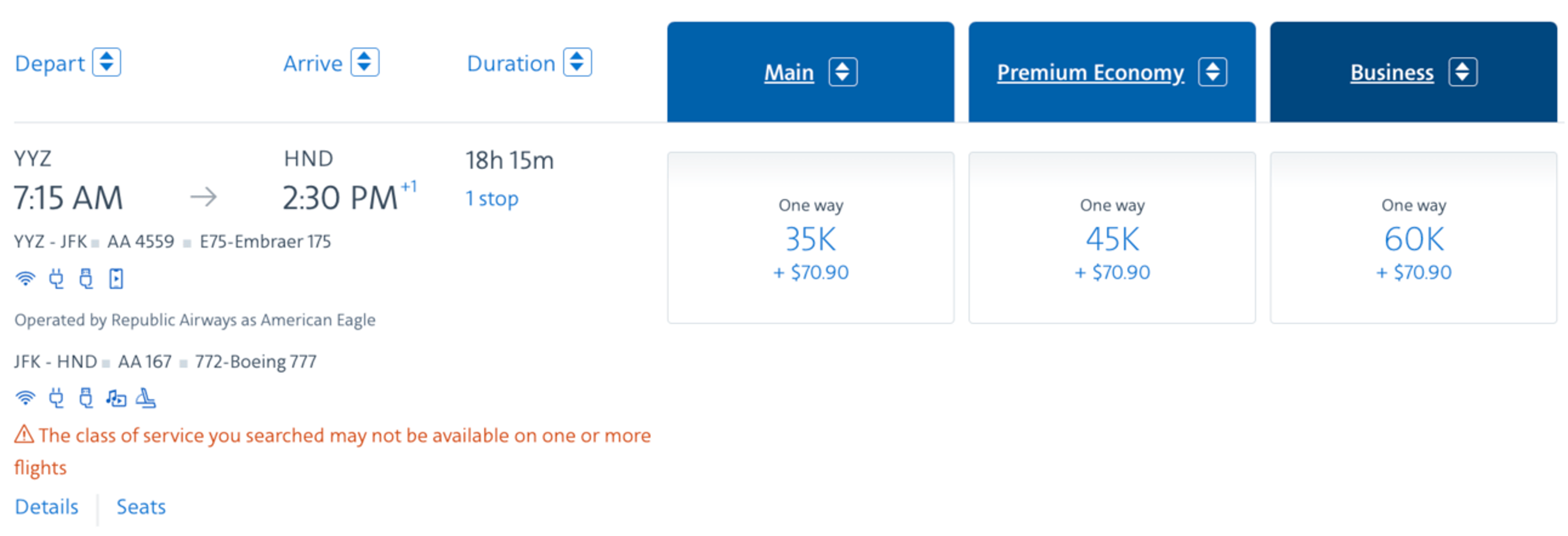 American Airlines Award booking from YYZ-HND