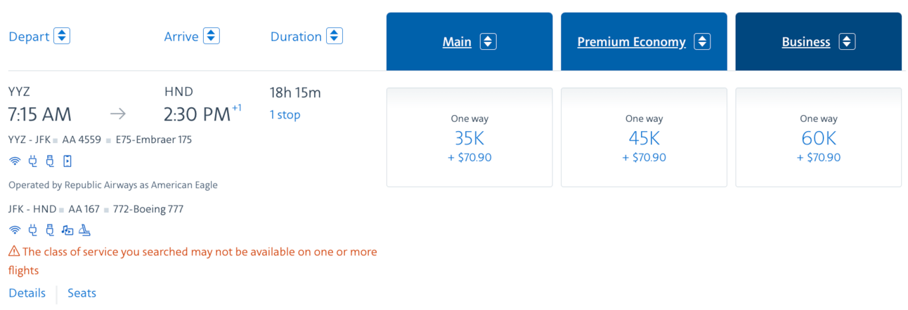 American Airlines Award booking from YYZ-HND