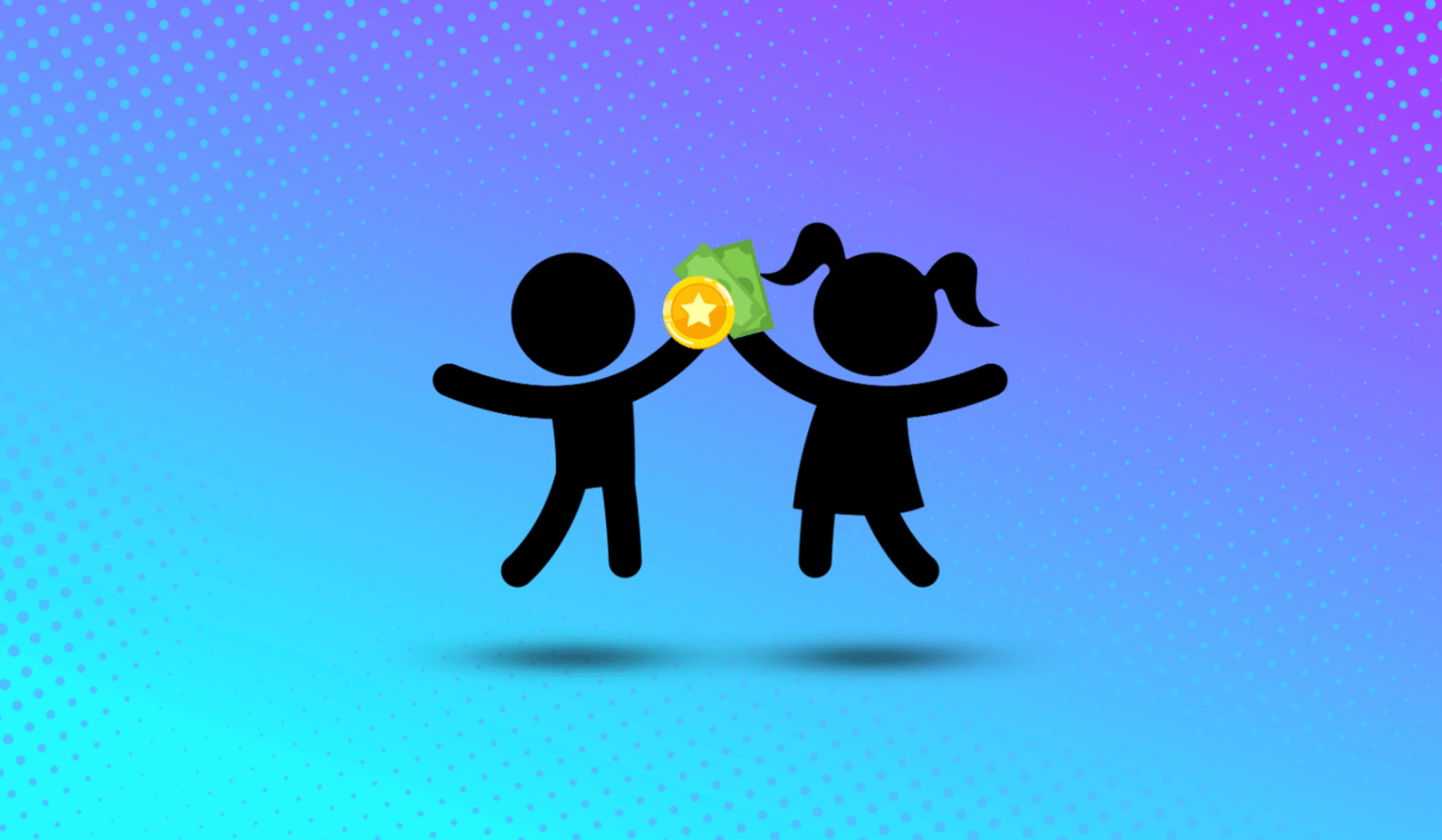 A boy and girl holding cash and points on a blue and purple background
