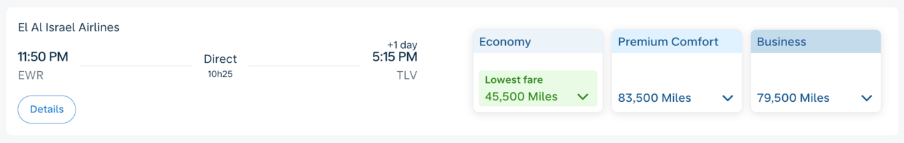 EWR-TLV on El Al in business class for 79,00 FB miles