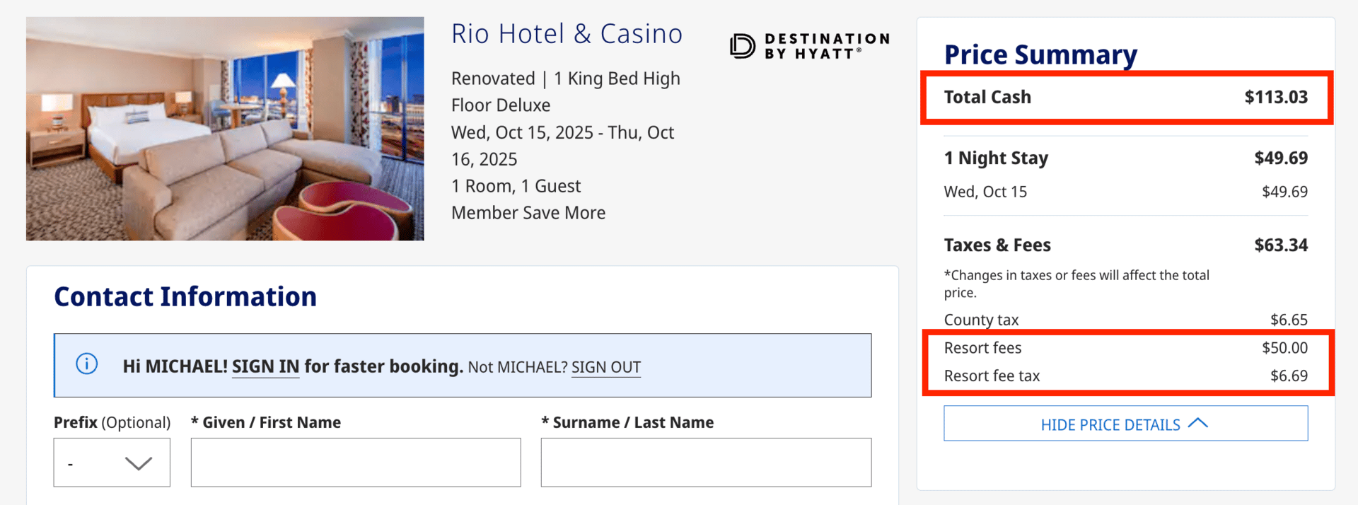 Rio Las Vegas fee breakdown