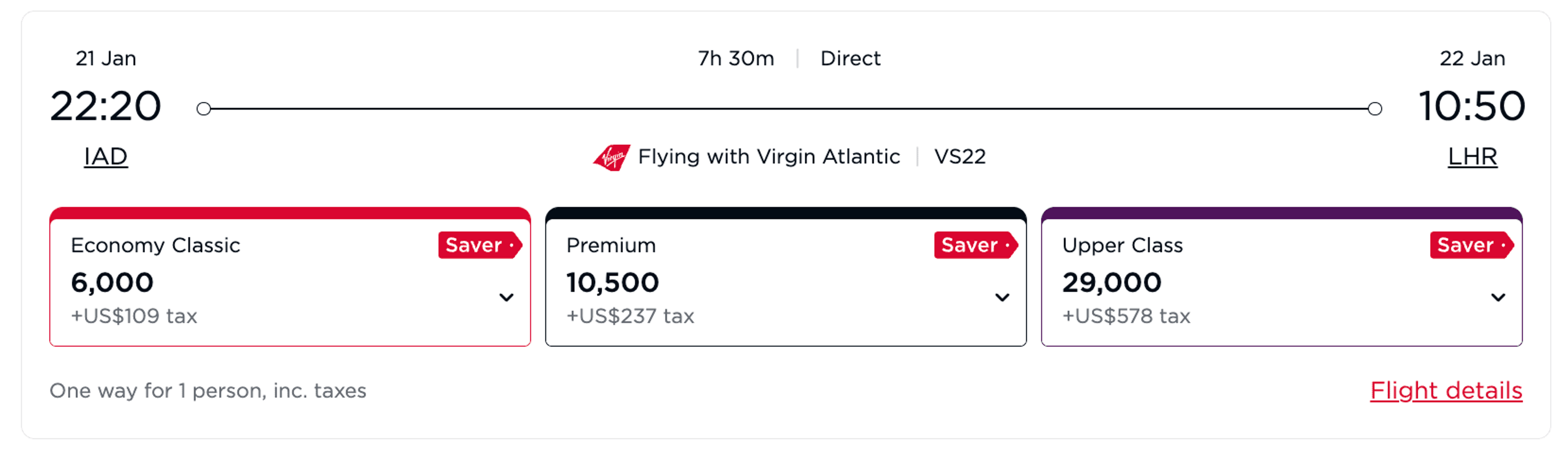 Washington to London for 29,000 Virgin miles in business class