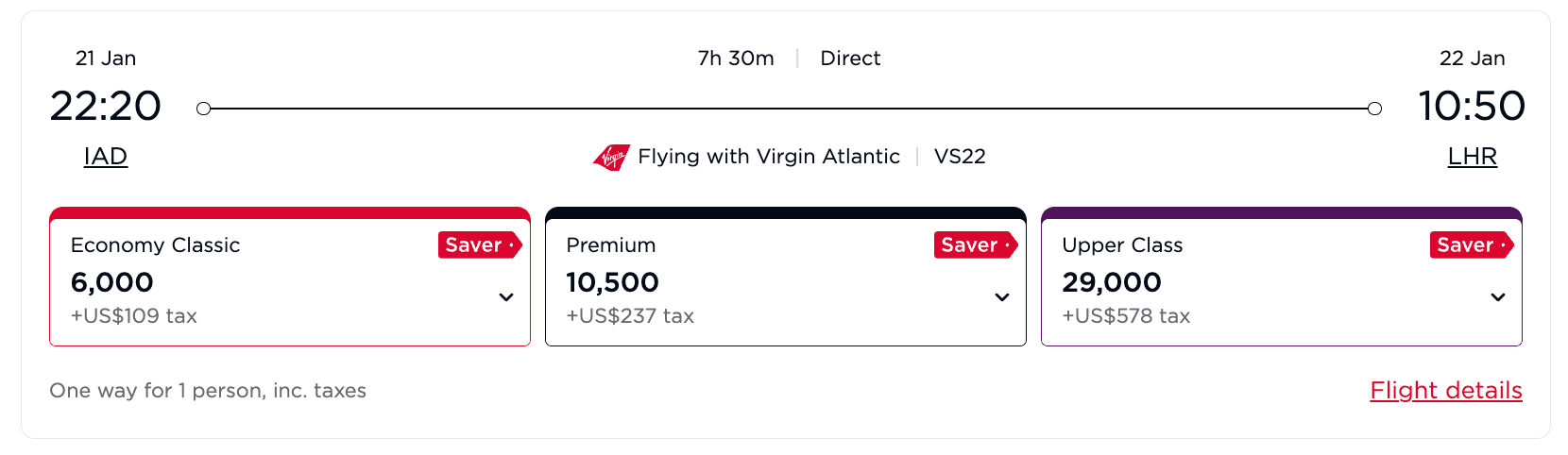 Washington to London for 29,000 Virgin miles in business class