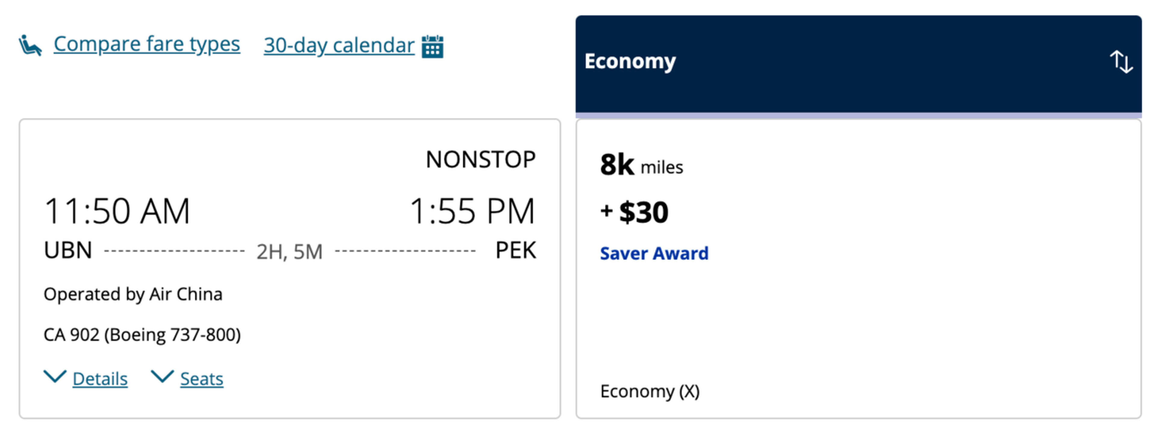 A screenshot of a sample booking using United miles