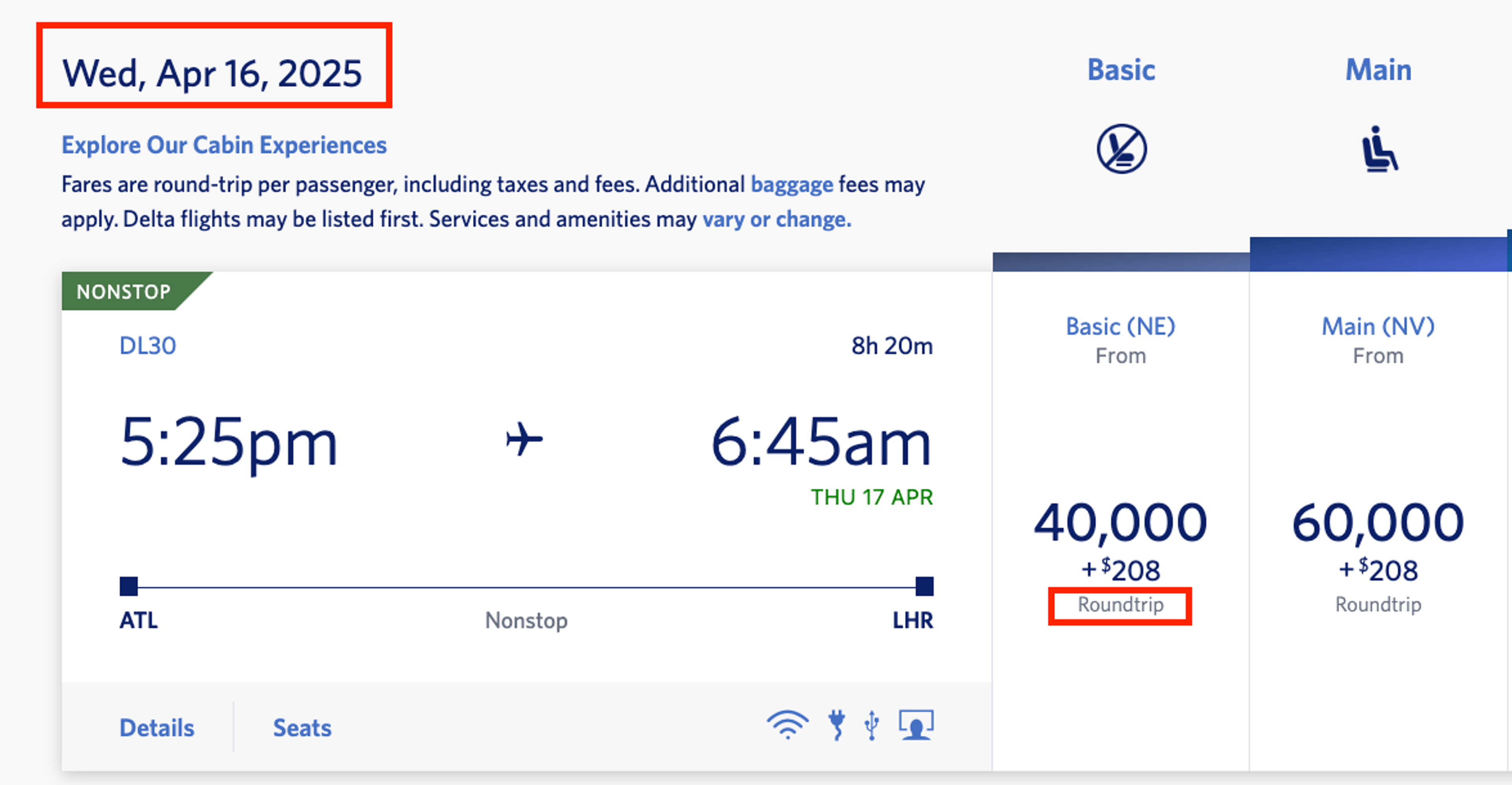 Delta round trip from Atlanta to London for 40,000 miles