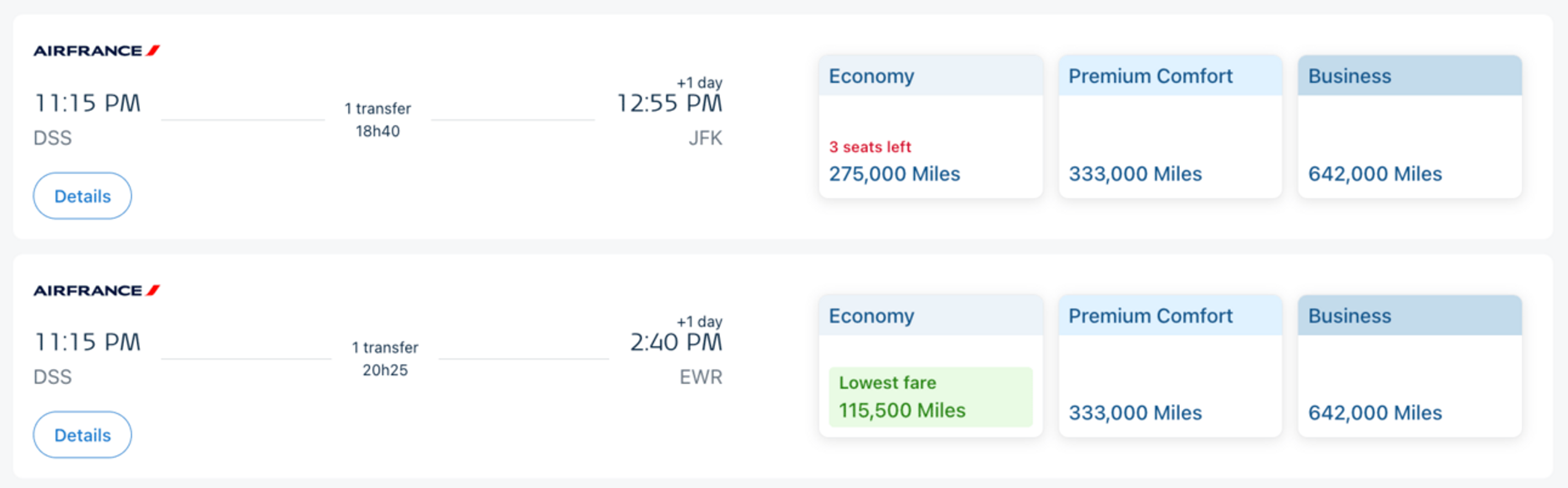 Screenshot of an Air France booking
