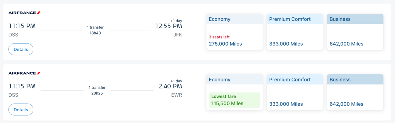 Screenshot of an Air France booking