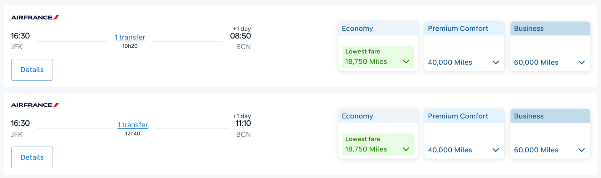 New York to Barcelona for 18,750 Flying Blue miles