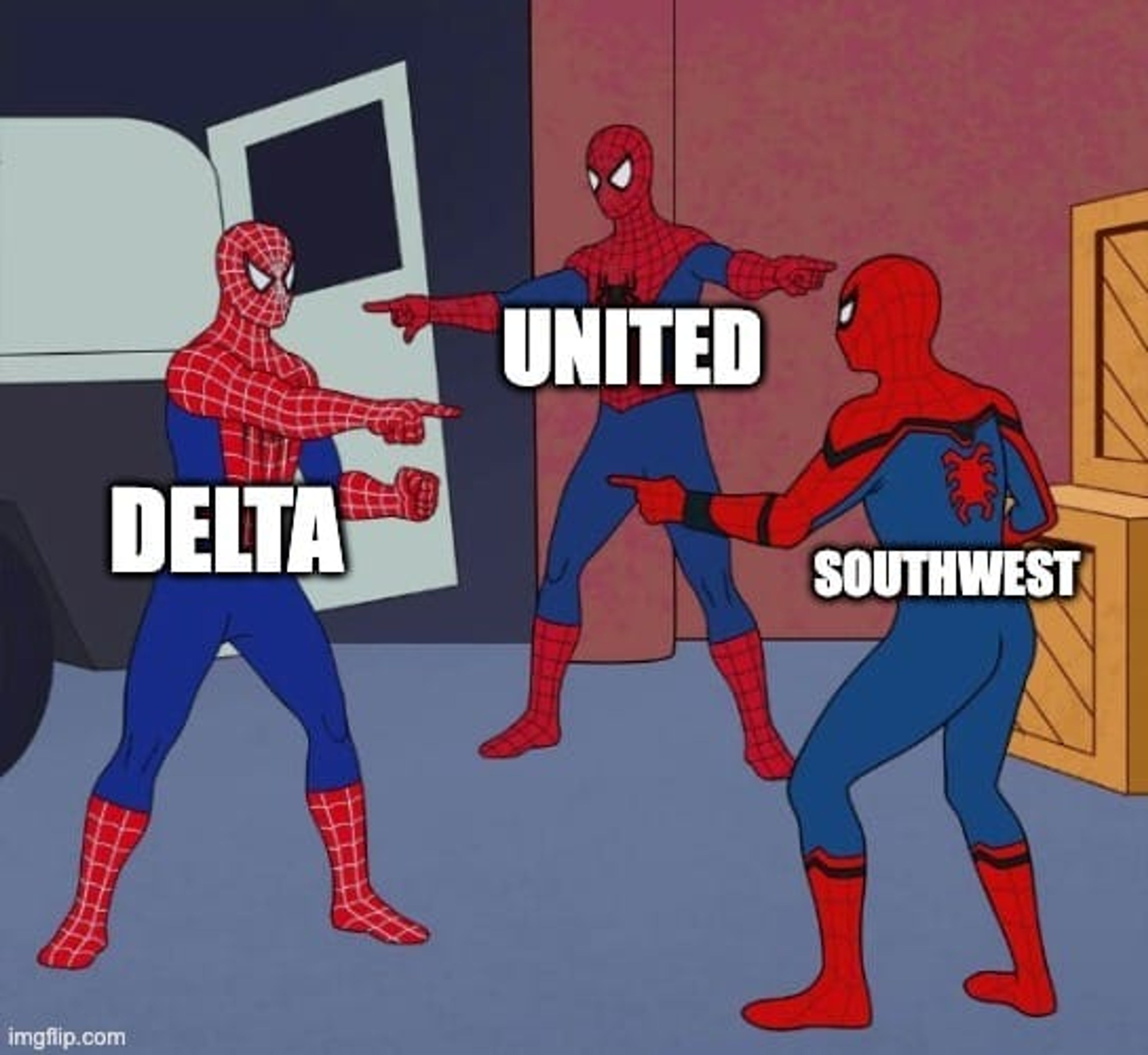 A meme with three spidermans (spidermen?) pointing at each other, each labeled as a different U.S. airline