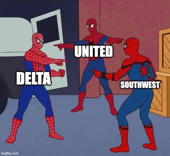 A meme with three spidermans (spidermen?) pointing at each other, each labeled as a different U.S. airline