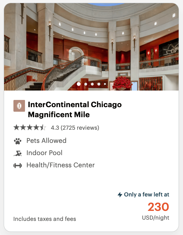 A screenshot from IHG's website showing an Intercontinental property in Chicago fr a cash cost of $230