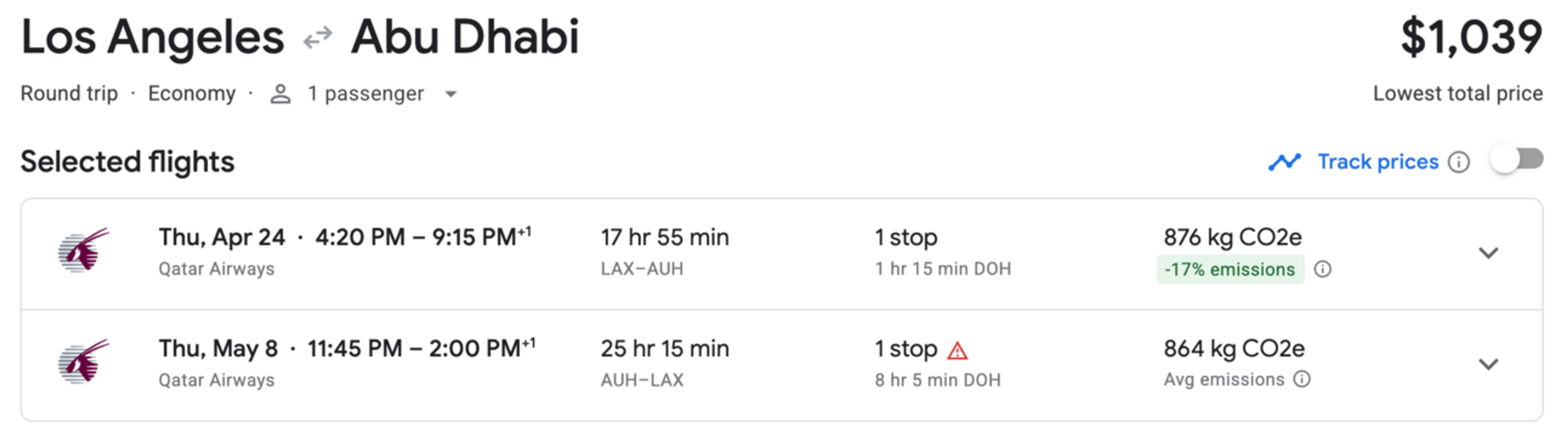Los Angeles to Abu Dhabi for $1,039 round trip