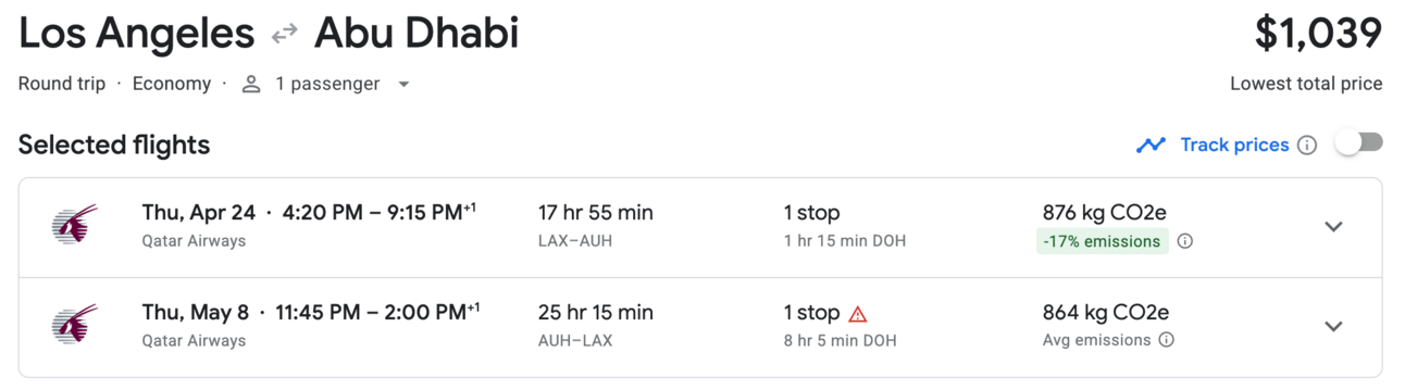 Los Angeles to Abu Dhabi for $1,039 round trip