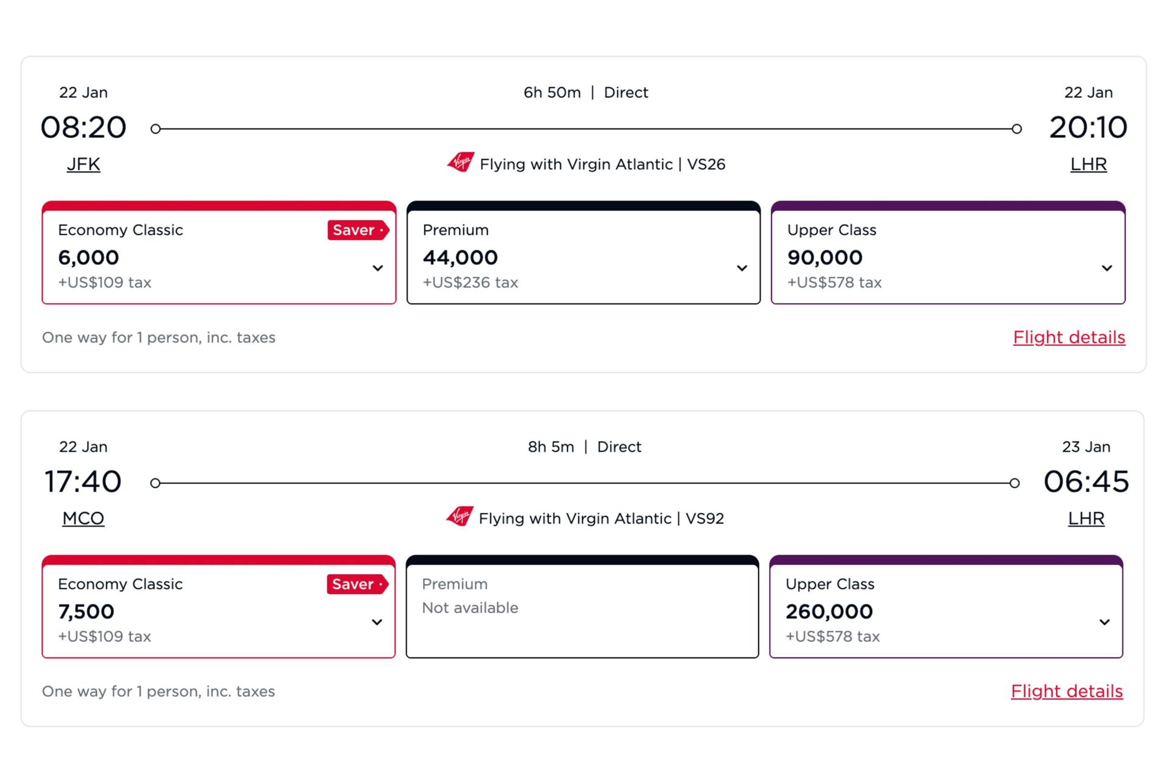 Some examples of VA award flight pricing from the East Coast to London