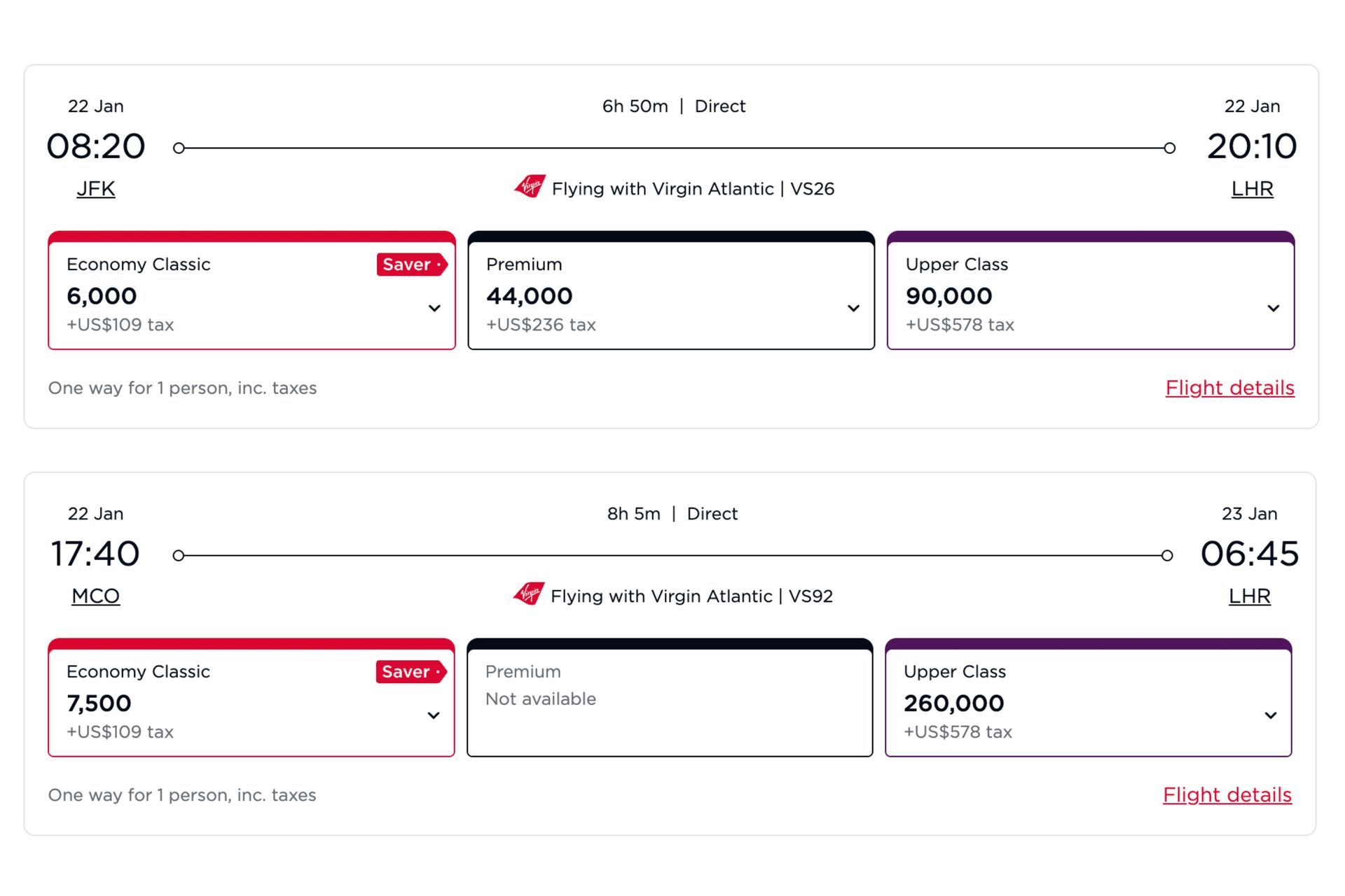 Some examples of VA award flight pricing from the East Coast to London