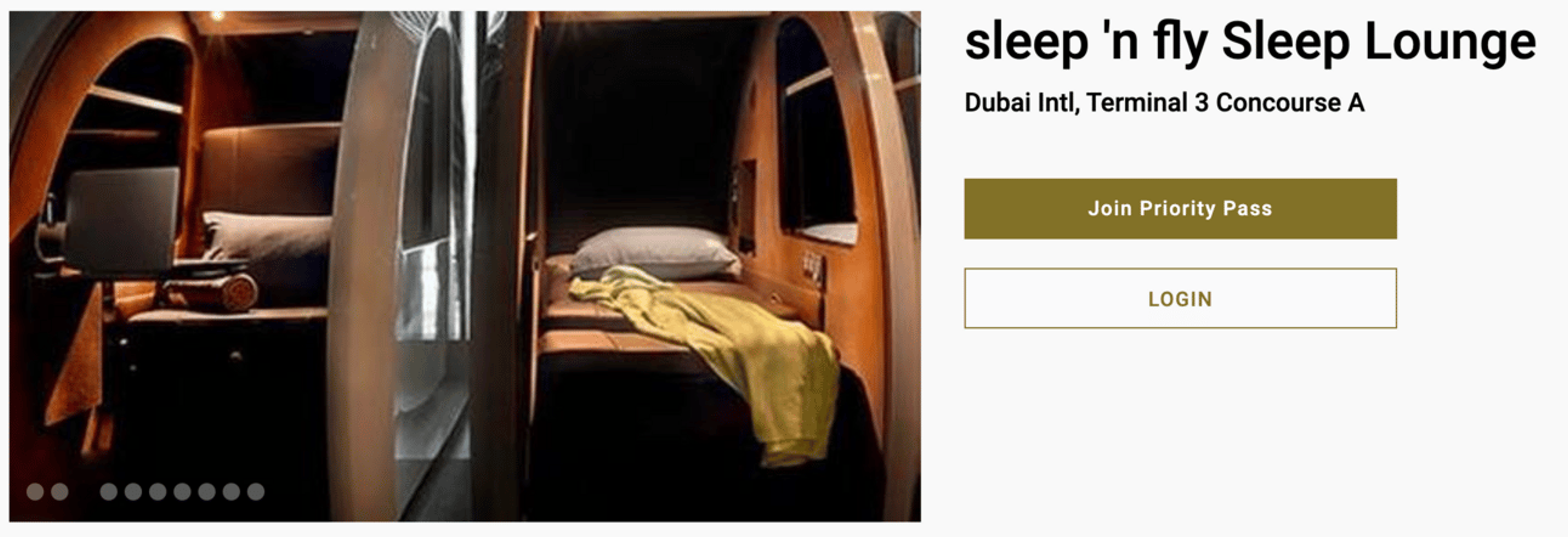A Priority Pass lounge in Dubai that offers private sleep pods