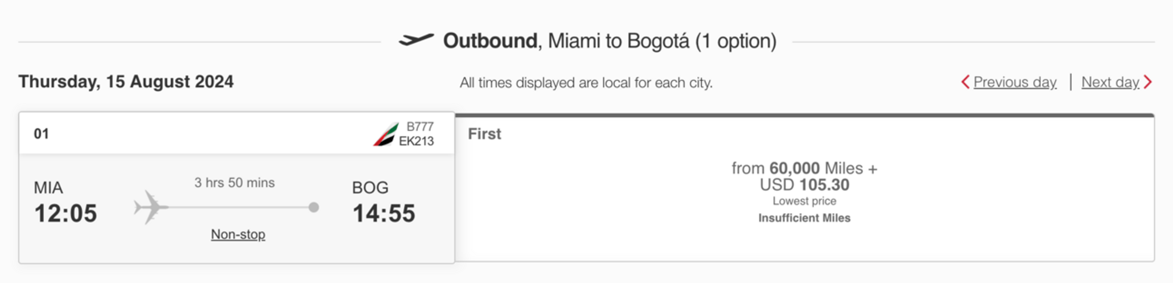 MIA-BOG in Emirates first class for 60k points and $105 in fees