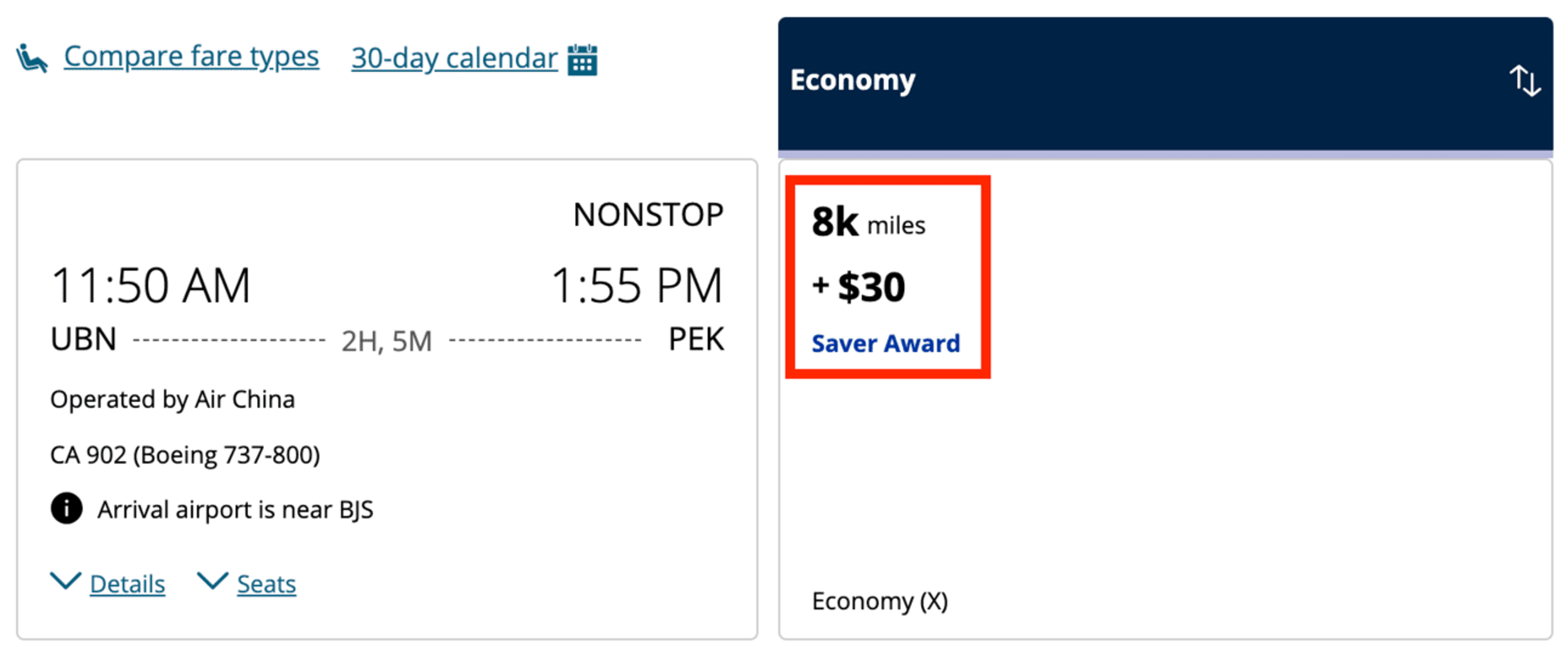 An example of an Air China flight booked with United miles