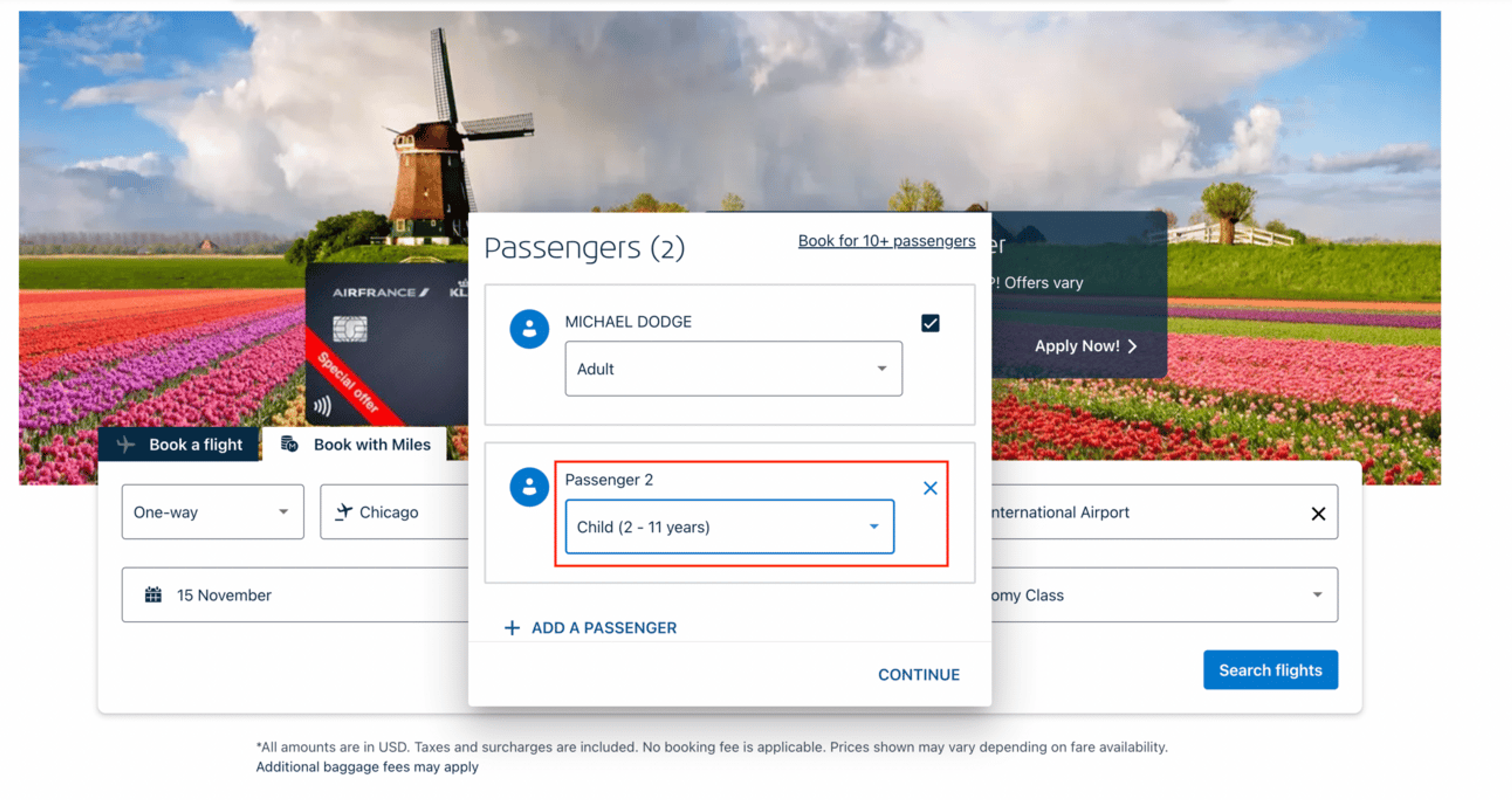 KLM sample booking page