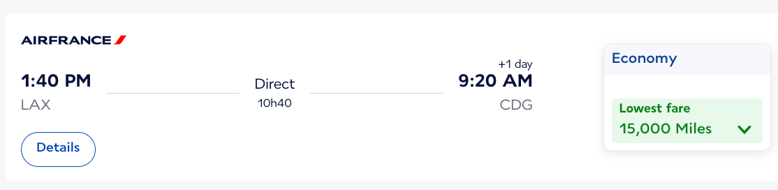 A sample booking from Los Angeles to Paris for 15,000 Flying Blue miles
