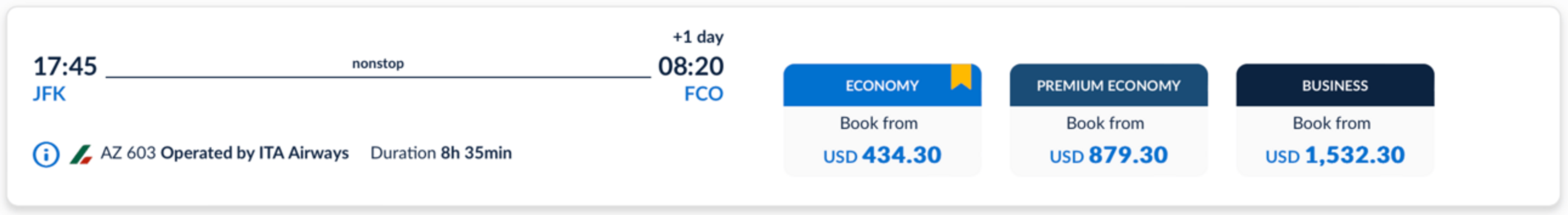 Example booking on ITA Airways from JFK to Rome