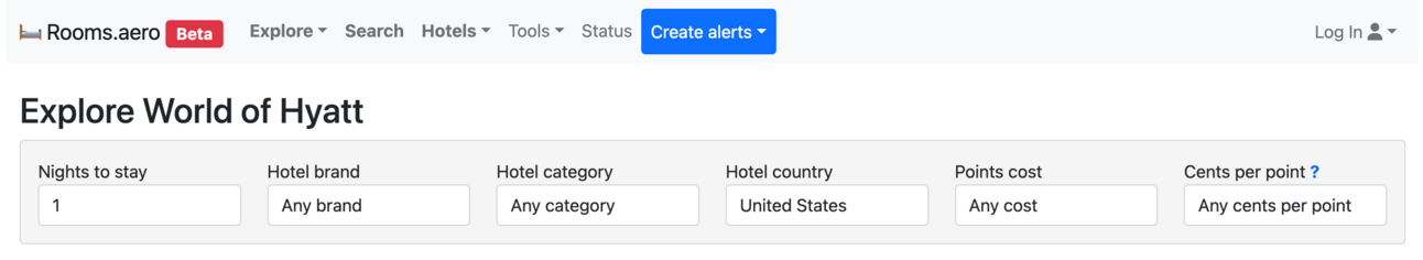 A screenshot showing the various filters for searching hotel award availabilty on rooms.aero