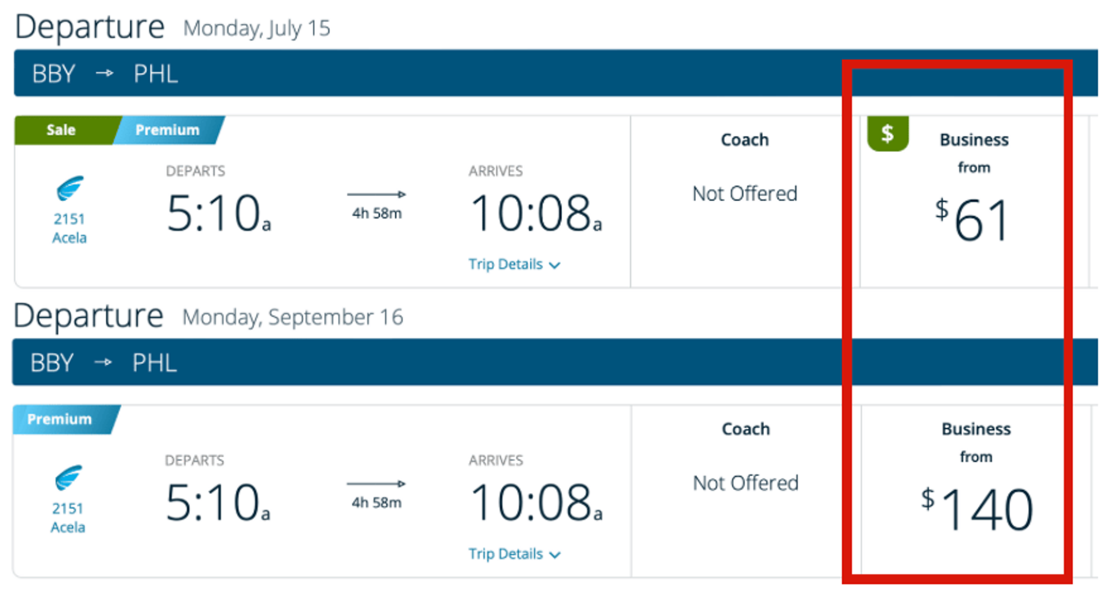 Sample booking from Boston to Philadelphia