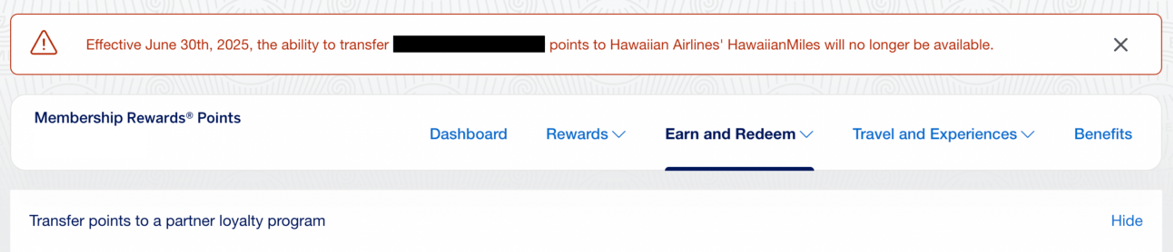 Message indicating the end date for Hawaiian transfers