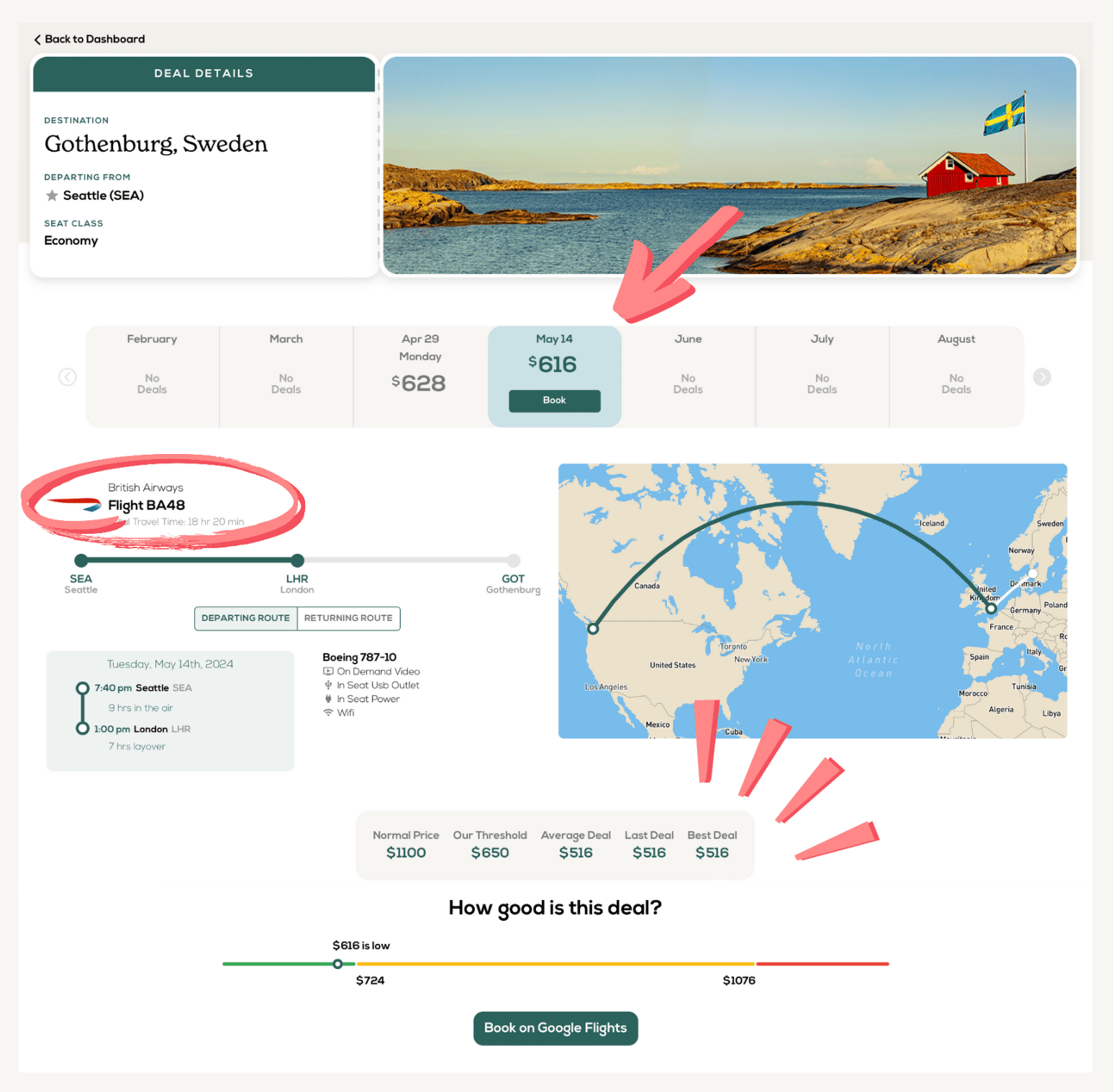 Screenshot of new faredrop userface with additional dates and route info