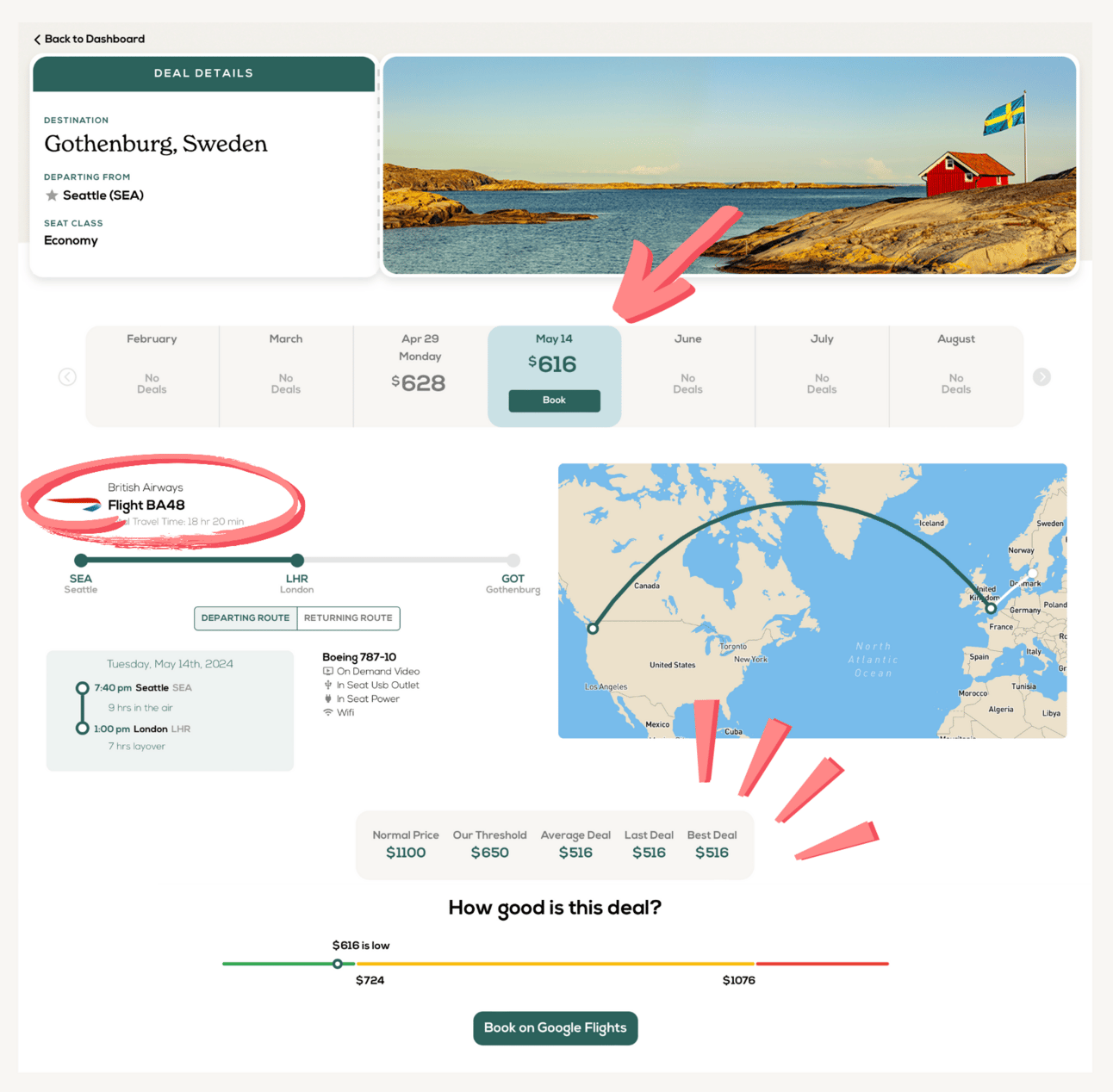 Screenshot of new faredrop userface with additional dates and route info