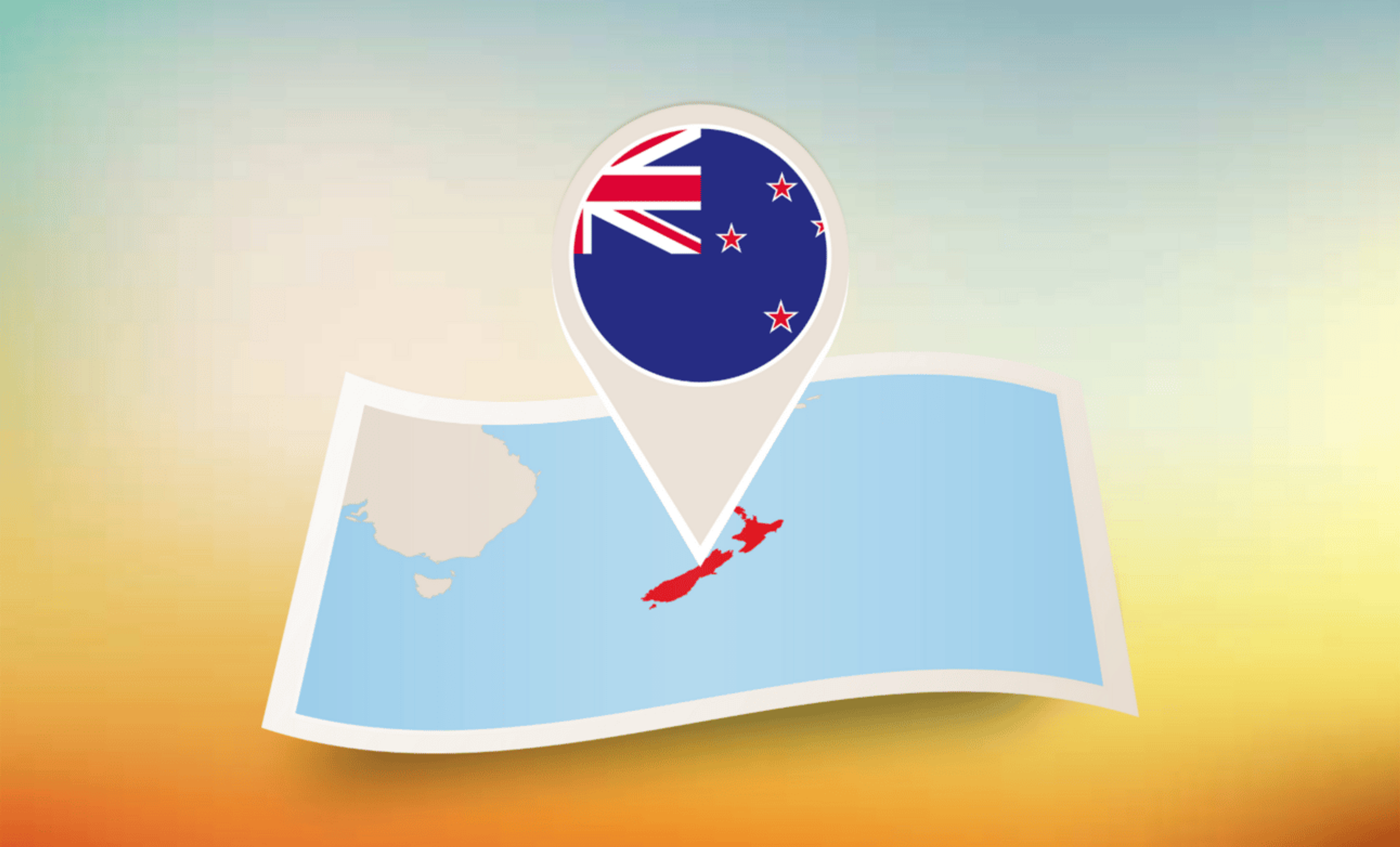An ombre sunset background with a map and the flag of New Zealand